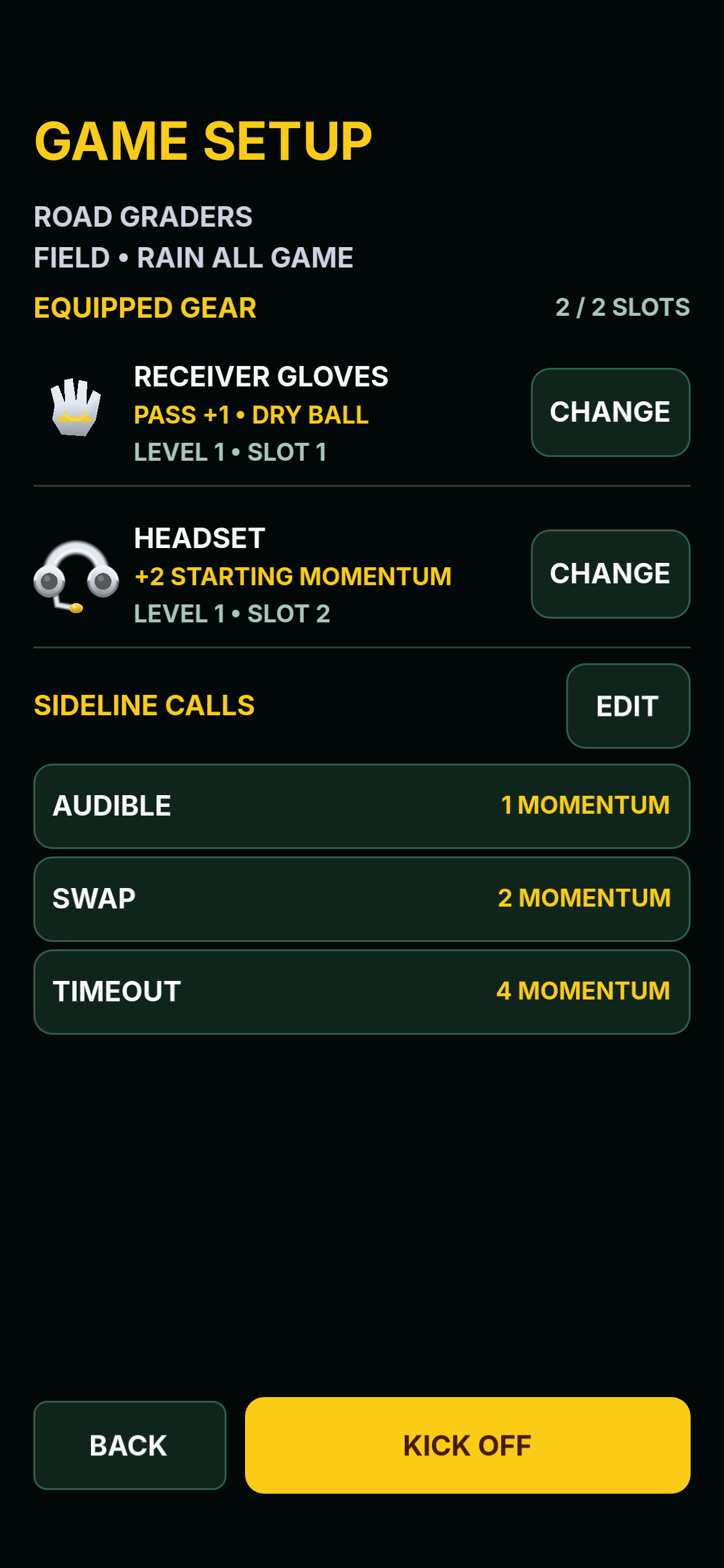 Blitzdown Game Setup showing two equipped items—Receiver Gloves and Headset—in matching rows with CHANGE actions, selected Sideline Calls with Momentum costs, the Road Graders’ rainy forecast, and BACK beside KICK OFF at the bottom.
