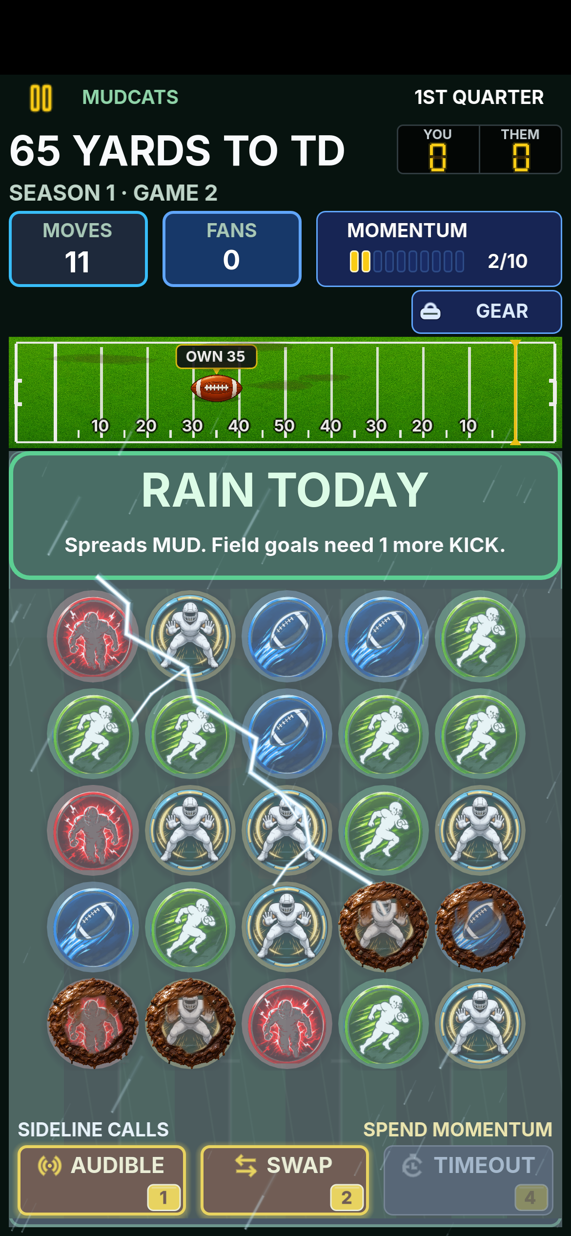Current Blitzdown rainy match against the Mudcats, showing muddy tiles, lightning, and the Rain Today explanation.
